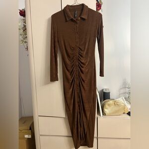 Women's Brown Ruched Button-Front Shirt Dress